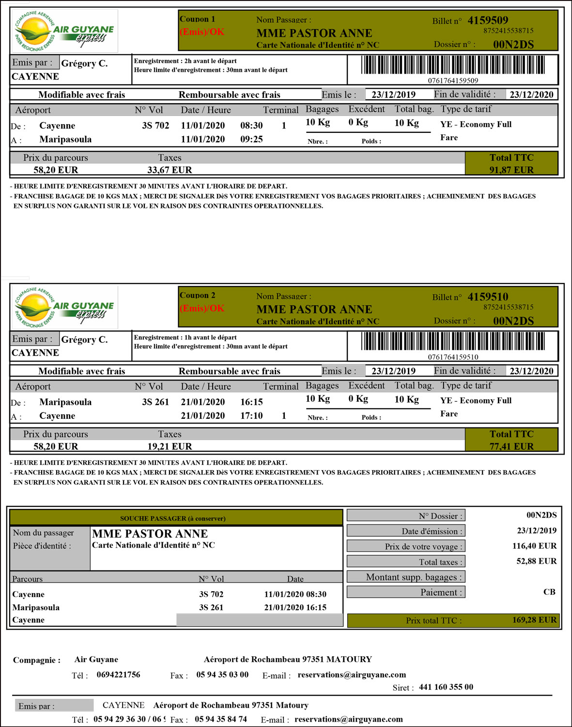 Billet Cayenne - Maripasoula.