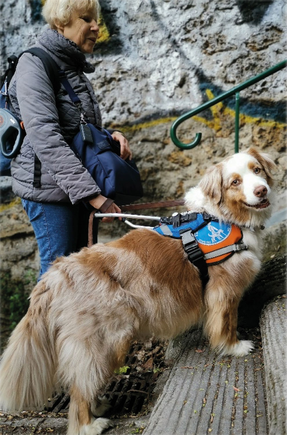 Dominique LATGE avec son chien-guide, Fly, qui l’accompagne et l’aide à ce moment précis à monter les escaliers © ANMCG