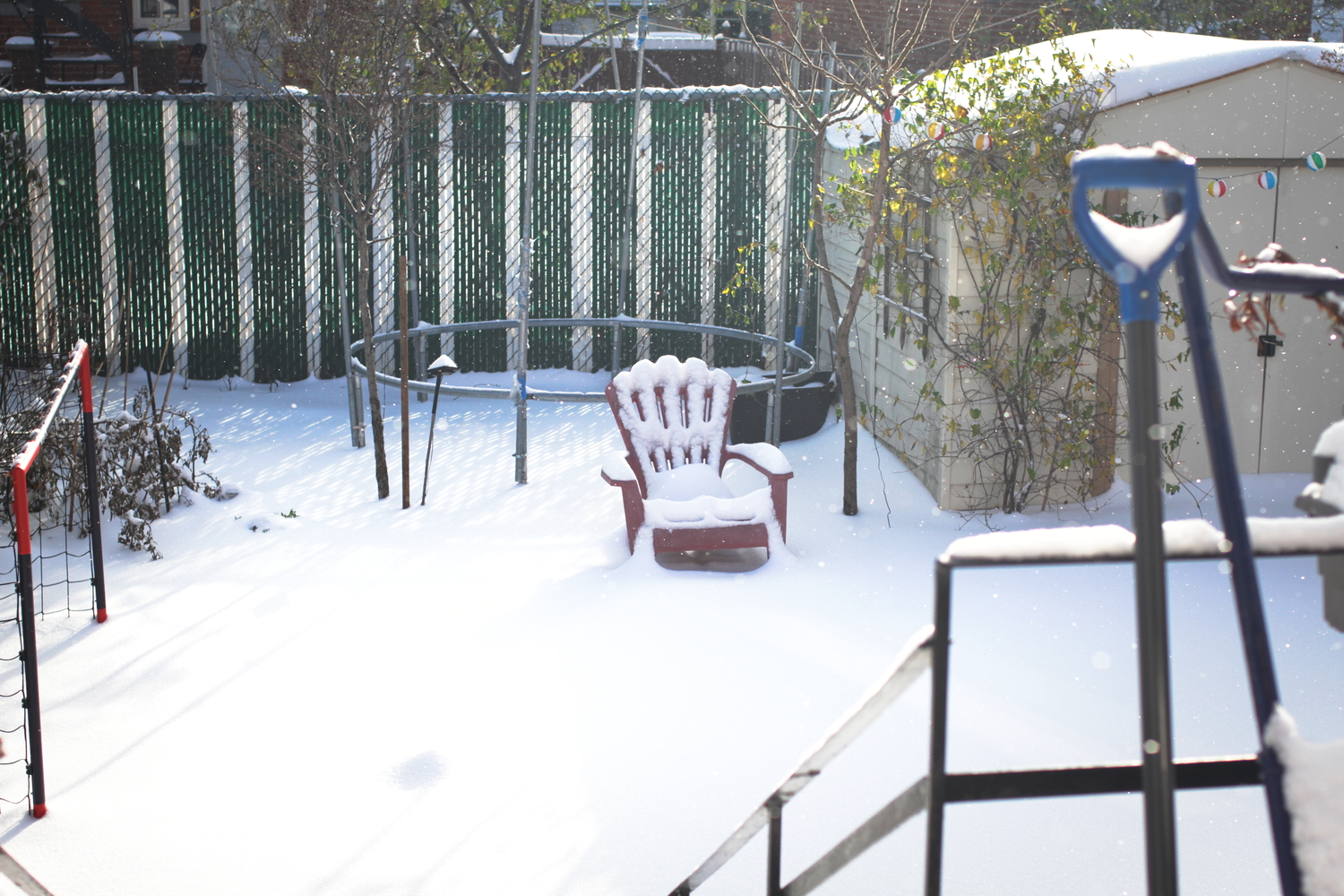 Le jardin enneigé de la maison où loge notre envoyée spéciale.