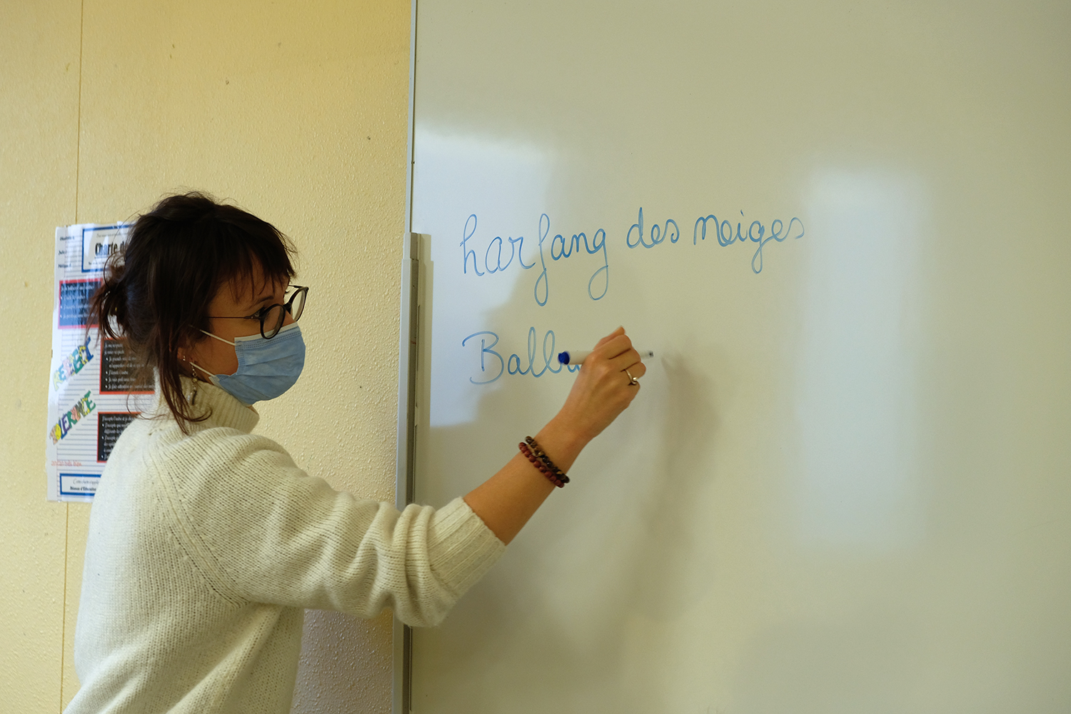 La journaliste Sidonie HADOUX note au tableau les noms des nombreuses espèces citées par notre interlocutrice © Globe Reporters