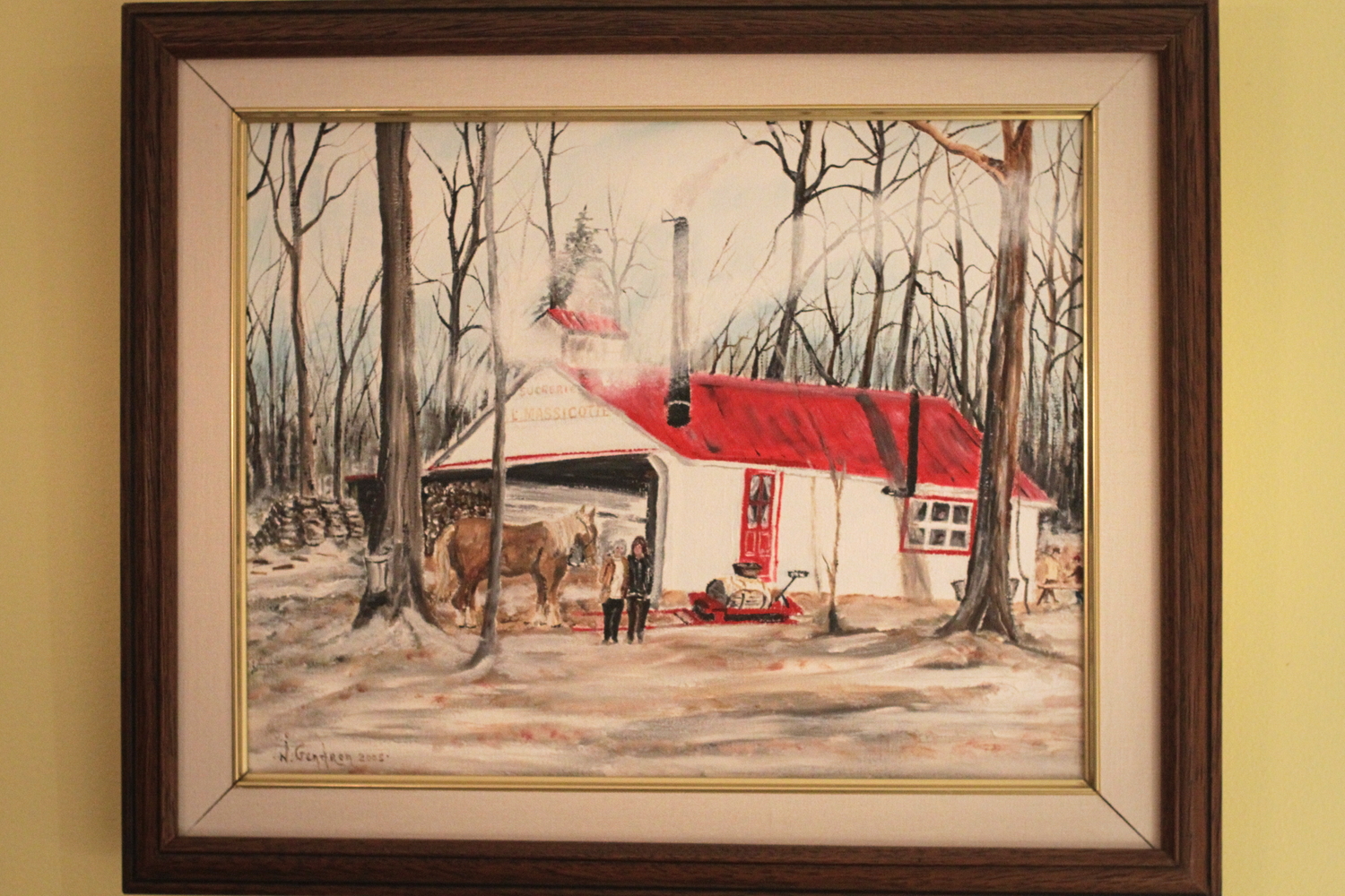 Une peinture qui représente la cabane à sucre de la famille MASSICOTTE.