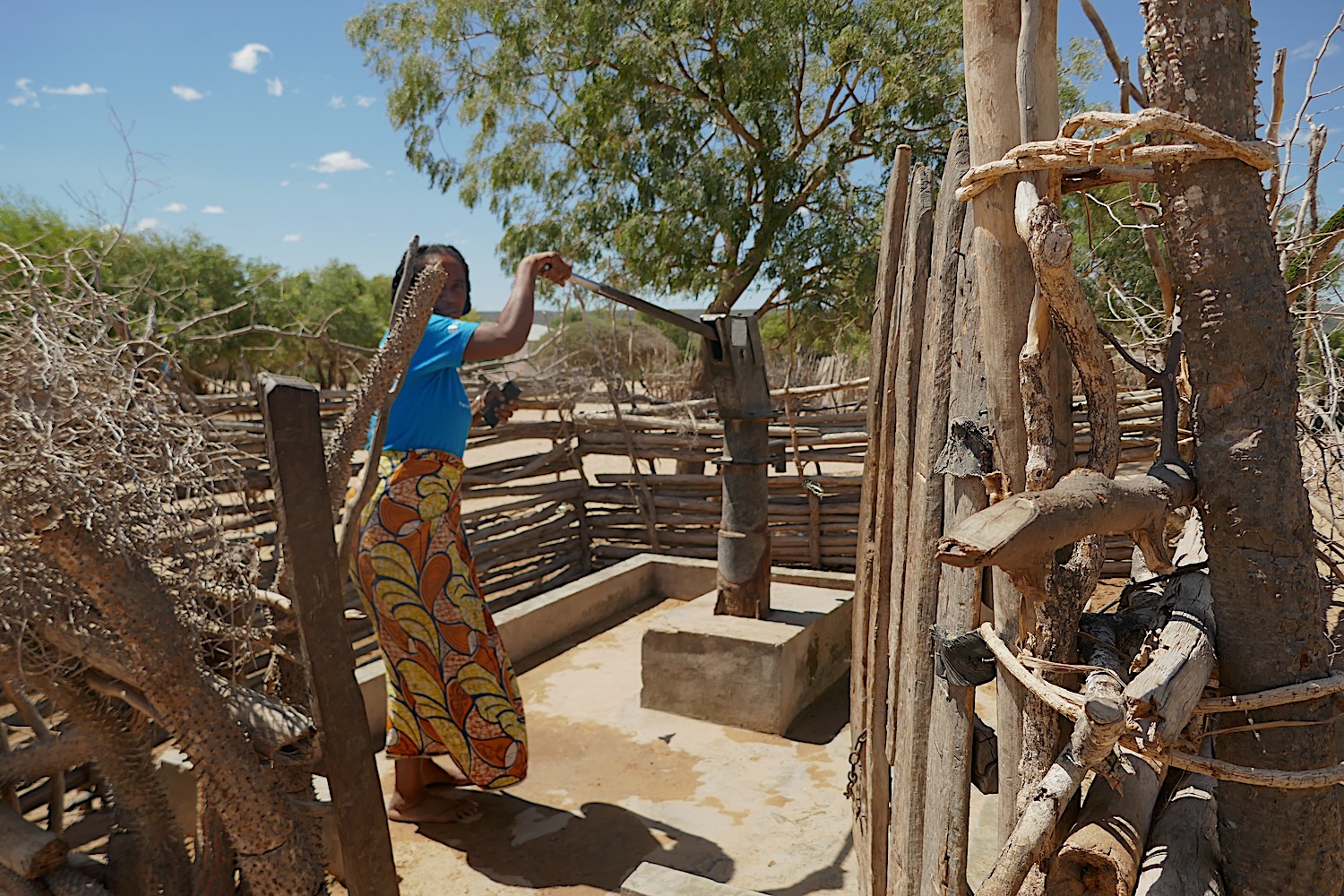 Cladini montre comment on pompe de l’eau dans cette pompe à proximité du terrain où les femmes cultivent des légumes © Globe Reporters