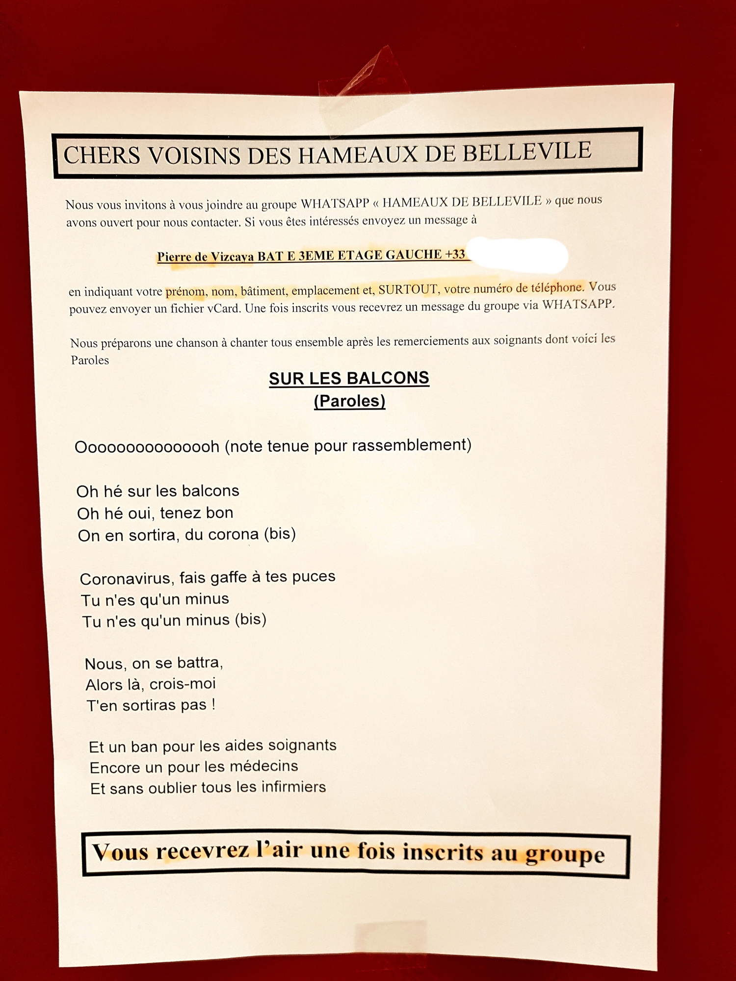 Les paroles de la chansonnette « Sur les Balcons » chantée chaque jour à 20h tapante. 