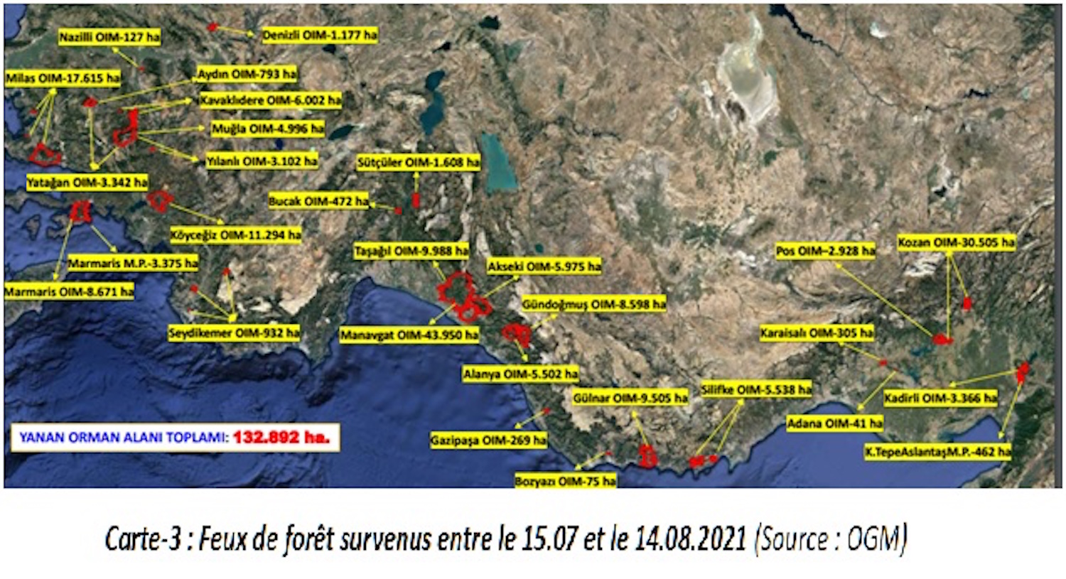 Les feux de forêt survenus entre le 15/07 et le 14/08 © OGM