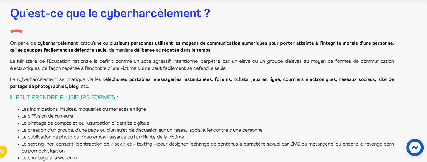 La psychologue revient notamment sur quelques définitions qui devraient aider les élèves à identifier les mécaniques du cyberharcèlement © Capture sur le site : https://e-enfance.org/