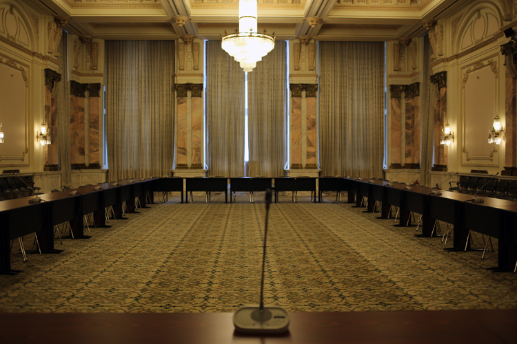 Une salle de conférence. Rien que le tapis fait 200m2...