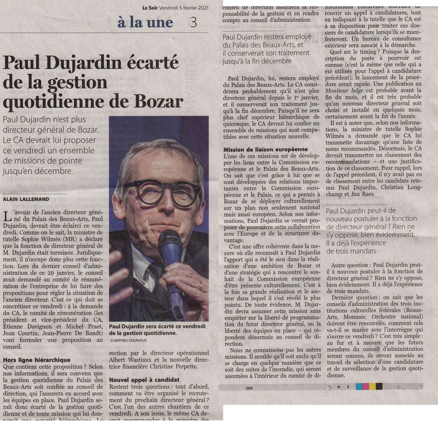 Article du quotidien Le Soir à propos de Paul DUJARDIN