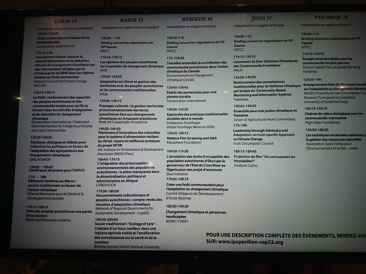 Liste des conférences et rencontres sur le stand des populations indigènes