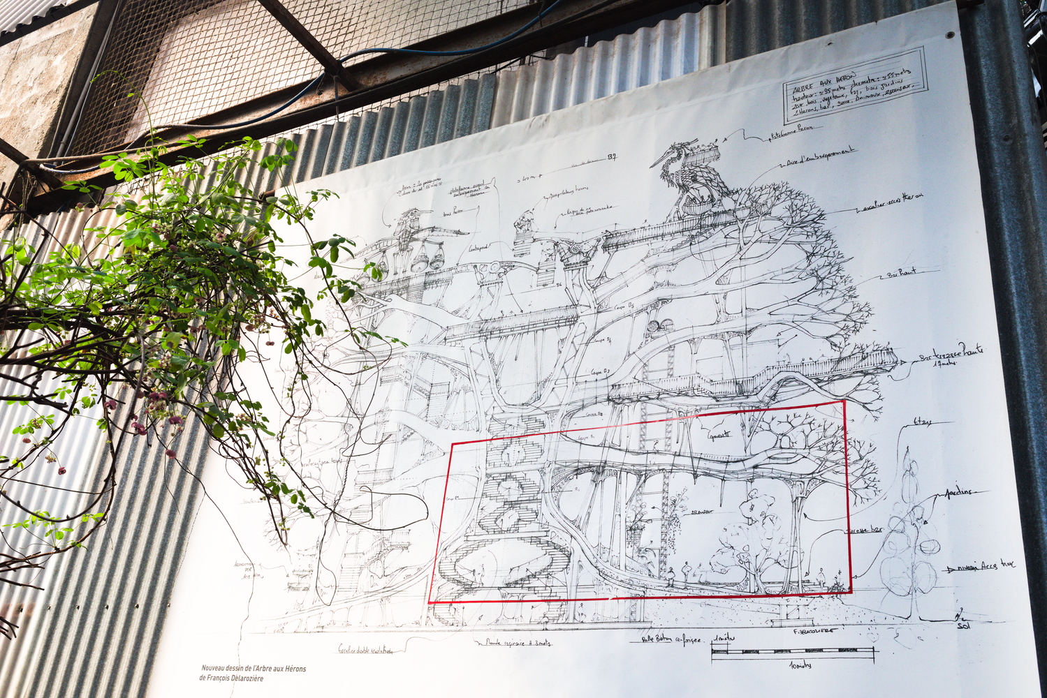 Plans de l’Arbre aux hérons. Encadrée en rouge : la partie réalisée en maquette © Globe Reporters