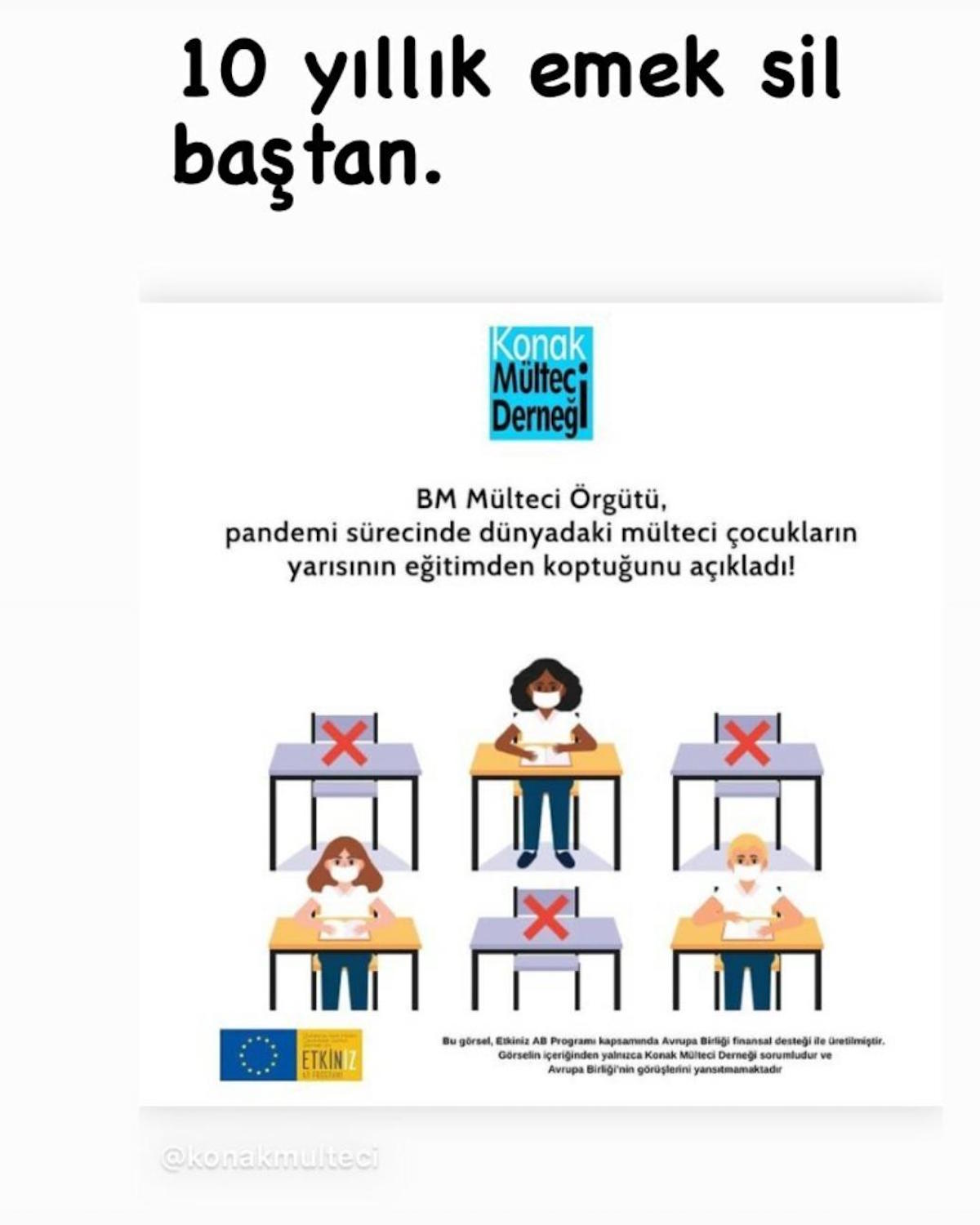 Maissam NIMER transmet aussi à Nicolas cette image, dans laquelle une association de réfugiés, Konak, explique : “10 ans de travail effaces. L’organisation des Nations Unies pour les réfugiés a révélé que la moitié des enfants réfugiés dans le monde avaient perdu le contact avec l’éducation pendant la période de la pandémie.” © DR